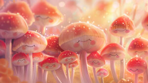 A charming wallpaper featuring a close up of a cluster of cute mushrooms with rosy cheeks and small eyes placed on a gentle pastel backdrop
