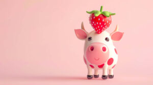A charming wallpaper featuring a cute strawberry cow in cartoon style with a strawberry perched on its head set against a soft pastel background