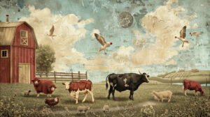 A charming wallpaper featuring vintage style illustrations of farm animals such as cows chickens and sheep set in a rustic barnyard backdrop