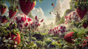 A charming wallpaper showcases numerous strawberry cows engaging playfully in a fantastical landscape setting