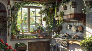 A charming wallpaper showcasing a classic rural kitchen with herbs hanging quaint cookware and a view of a blossoming garden through the window