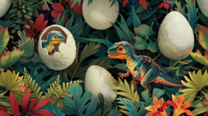 A charming wallpaper showcasing baby dinosaurs emerging from eggs amid vibrant prehistoric foliage