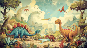 A charming wallpaper showcasing playful and colorful dinosaurs in a whimsical prehistoric setting with a cartoon style design