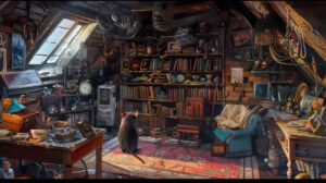 A charming wallpaper showing a creative drawing of a rat exploring a warmly cluttered attic brimming with assorted trinkets and treasures