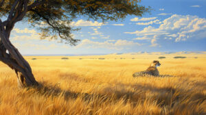 A cheetah peacefully resting under the cool shade of an acacia tree against the backdrop of golden African plains showcasing its elegance and beauty