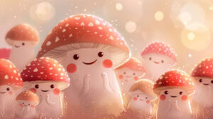 A close up illustration of a group of adorable, smiling mushrooms with rosy cheeks and tiny eyes, set against a soft pastel background