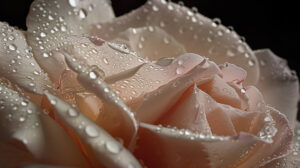A close up of a blooming rose with dewdrops on its petals, captured in soft, muted tones to enhance its natural beauty