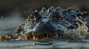 A close up of a crocodile's menacing eyes and sharp teeth emerging from murky water, creating an air of danger and suspense
