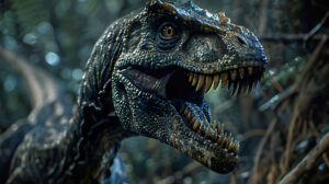 A close up of a ferocious velociraptor with its sharp claws and teeth, set against a dark, mysterious forest