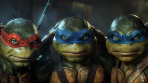 A close up of each Ninja Turtleâ€™s face, highlighting their unique masks and expressions against a dark, gritty background