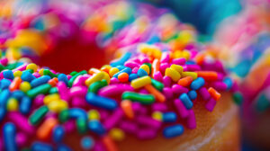 A close up shot of a donut covered in rainbow sprinkles, with the vibrant colors and textures creating a mouthwatering effect