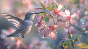 A close up shot of a hummingbird sipping nectar from a flower, with the details of its delicate wings and beak captured in stunning clarity