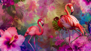 A colorful collage of flamingos and tropical flowers, creating a vibrant and lively tropical paradise