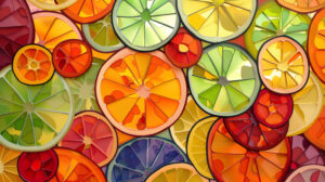 A colorful mosaic effect is achieved in this wallpaper featuring an abstract design with overlapping slices of various fruits intertwined