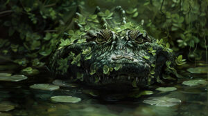 A crocodile blending into aquatic vegetation with only its eyes and nostrils peeping above the waterline.jpg
