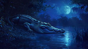 A crocodile prowls through a moonlit river at night its eyes shining ominously in the darkness captured in Silent Crocodile Navigating Moonlit River.jpg