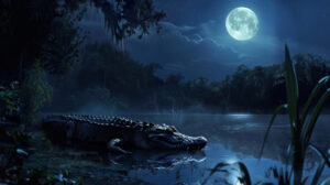 A crocodile silently gliding through a moonlit river at night its eyes glowing in the darkness wallpaper.jpg
