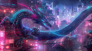 A cyberpunk cityscape serves as the backdrop for a futuristic dragon adorned in metallic scales and neon accents