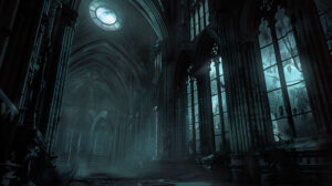 A dark, moody scene of a gothic cathedral at night, illuminated by the light of a full moon, with intricate stone carvings and stained glass windows
