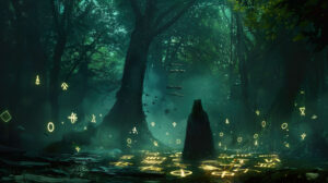 A dark, mystical image of a gothic witch casting spells in a shadowy forest, surrounded by glowing runes and magical symbols