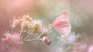 A delicate pink butterfly perched on a blooming flower, with soft focus and pastel tones creating a dreamy effect
