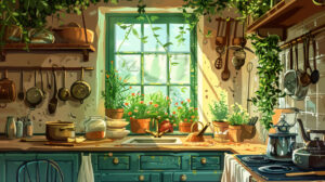A depiction of a quaint countryside kitchen adorned with dangling herbs vintage cooking utensils and offering a view of a thriving garden through a window