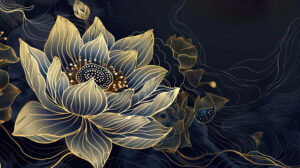 A detailed artwork featuring a lotus flower with intricate linework set against a rich deep background to create a striking contrast