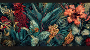 A detailed botanical illustration of tropical plants and flowers, with intricate details and a rich color palette