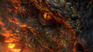 A detailed close up of a dragonâ€™s face, its scales intricately patterned and its eyes glowing with an inner fire