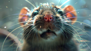 A detailed close up of a ratâ€™s face with its whiskers twitching and bright, curious eyes