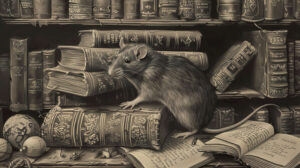 A detailed drawing of a rat in an old library, surrounded by stacks of books and ancient scrolls