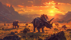 A detailed illustration of a herd of triceratops grazing in an open plain, with mountains and a setting sun in the background