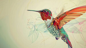 A detailed illustration of a hummingbird with intricate line work and vibrant colors, set against a soft, pastel background