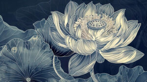 A detailed illustration of a lotus flower with intricate line work, set against a rich, deep background for a striking contrast