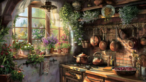 A detailed illustration of a traditional country kitchen, with hanging herbs, rustic cookware, and a window overlooking a blooming garden