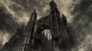 A detailed illustration of gothic architecture with pointed arches, gargoyles, and flying buttresses, set against a stormy sky