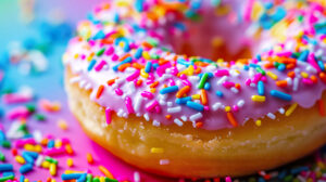 A donut adorned with rainbow sprinkles showcasing vibrant colors and textures that evoke a delectable allure