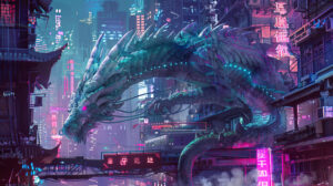A dragon from a high tech future adorned with shiny metallic scales and neon highlights stands out against the backdrop of a cyberpunk city