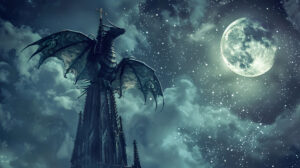 A dragon in gothic style perched on a cathedral spire with wings outstretched set against a backdrop of a full moon and a starry sky is captured in this wallpaper
