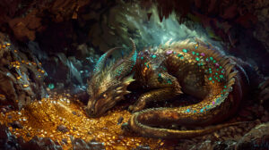 A dragon peacefully lies coiled within a cave encircled by gleaming treasures and jewels in stacks