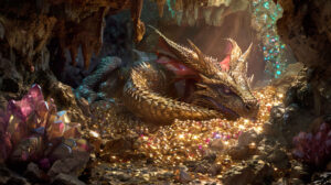 A dragon peacefully nestled inside a cave encircled by dazzling treasures and jewels is captured in the wallpaper named Dragons Hoard