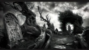 A dramatic black and white photograph of a gothic graveyard with ancient tombstones and twisted, gnarled trees