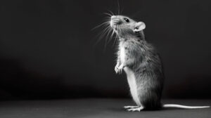 A dramatic black and white photograph of a rat standing on its hind legs, highlighting its sleek fur and delicate features