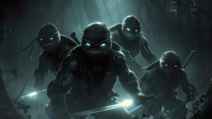 A dramatic image of the Ninja Turtles emerging from the shadows, with their eyes glowing and weapons ready