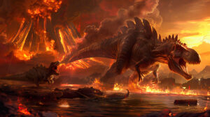 A dramatic showdown between a T Rex and a stegosaurus unfolds against the backdrop of a volcanic eruption in this captivating wallpaper
