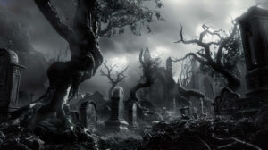 A dramatic wallpaper capturing a gothic graveyard scene with ancient tombstones and gnarled trees in black and white