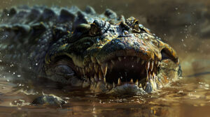 A dramatic wallpaper capturing the intense gaze and razor sharp teeth of a menacing crocodile emerging from murky waters evoking an atmosphere of danger and suspense