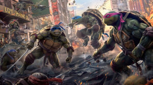 A dramatic wallpaper featuring the Ninja Turtles in a fierce showdown with their enemy Shredder amidst a cityscape