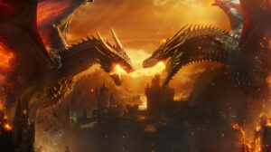 A dramatic wallpaper featuring two fire breathing dragons engaged in an epic battle set against a medieval castle backdrop