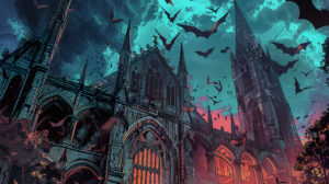 A dramatic wallpaper showcasing intricate gothic architecture features such as pointed arches gargoyles and flying buttresses against a stormy sky background